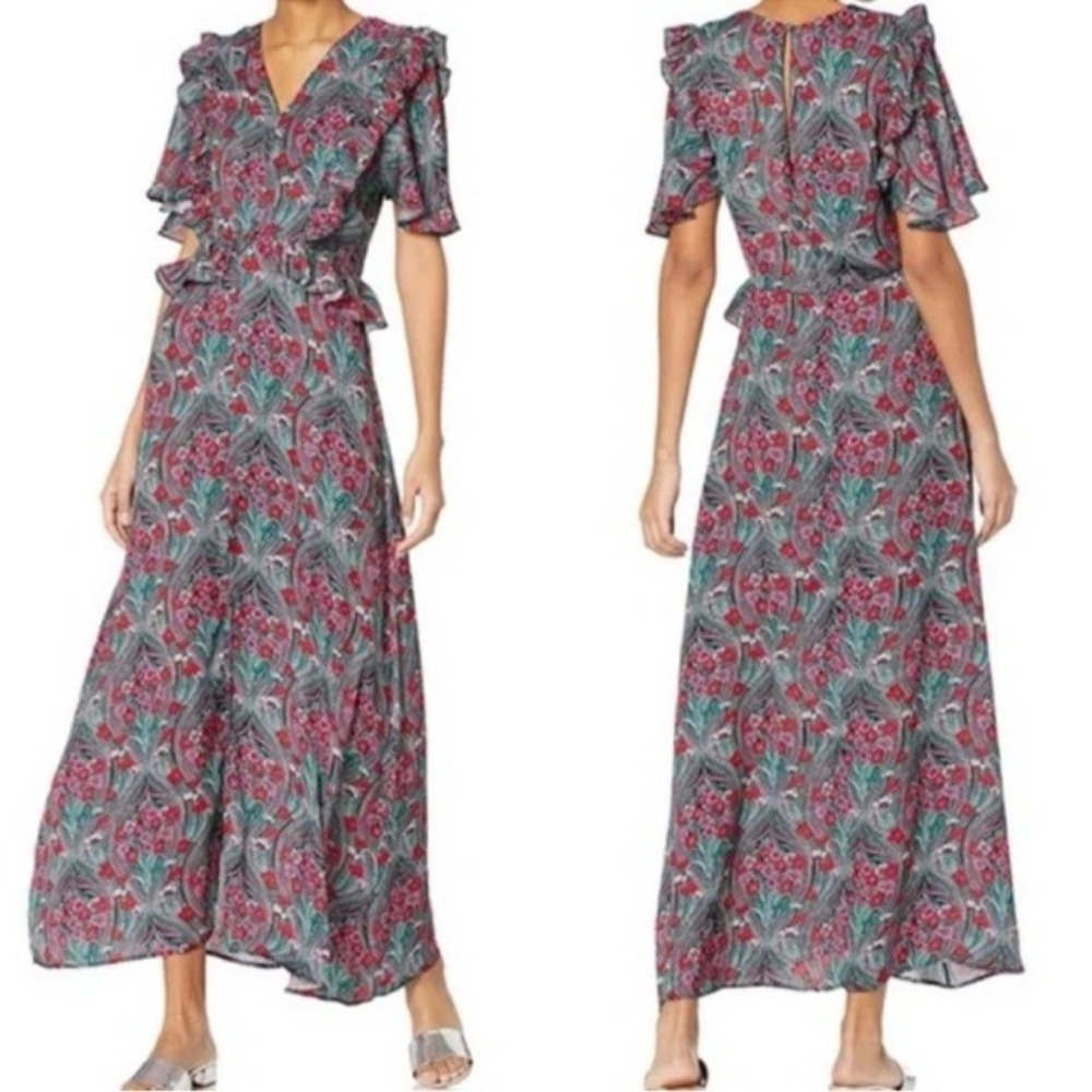 Ella Moon Paisley Floral Ruffle Maxi Dress Teal Red Boho Flutter Sleeve Small